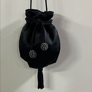 MAGID Prom Evening Wedding Satin Rhinestone Bauble Drawstring Tassel BLK Purse